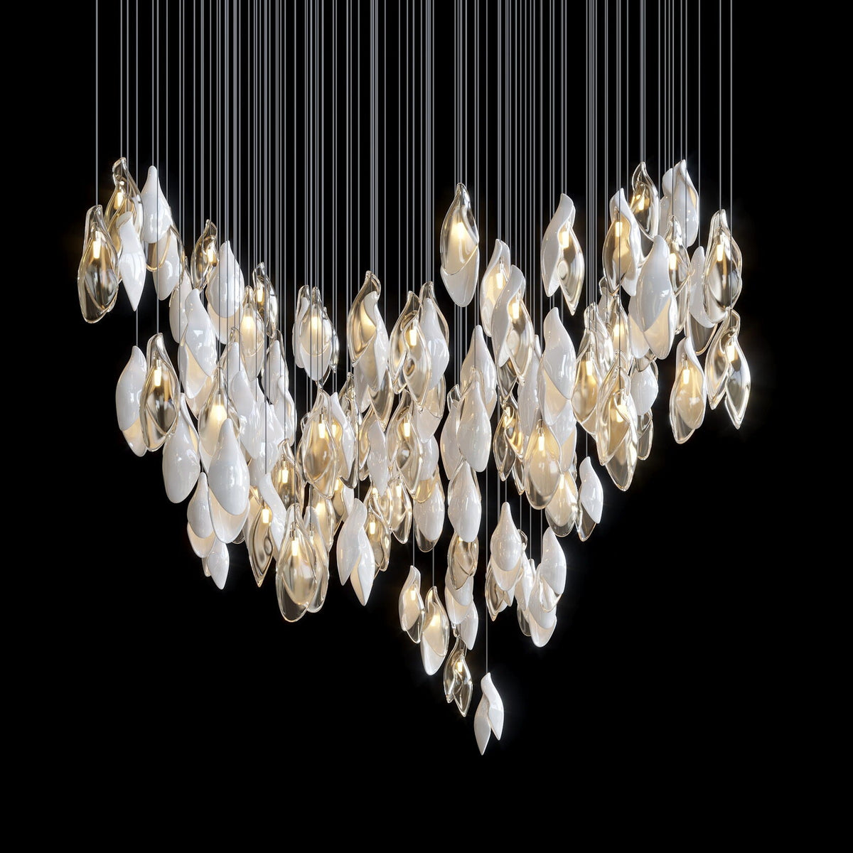 White Petal Drop Chandelier chandelier in a tall interior