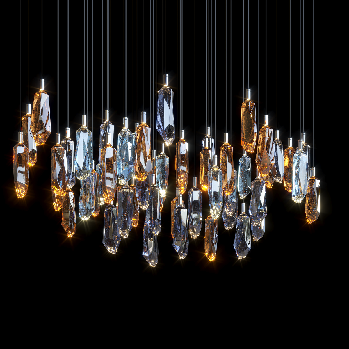 Amber Blue Crystal Rain Chandelier chandelier in a tall interior