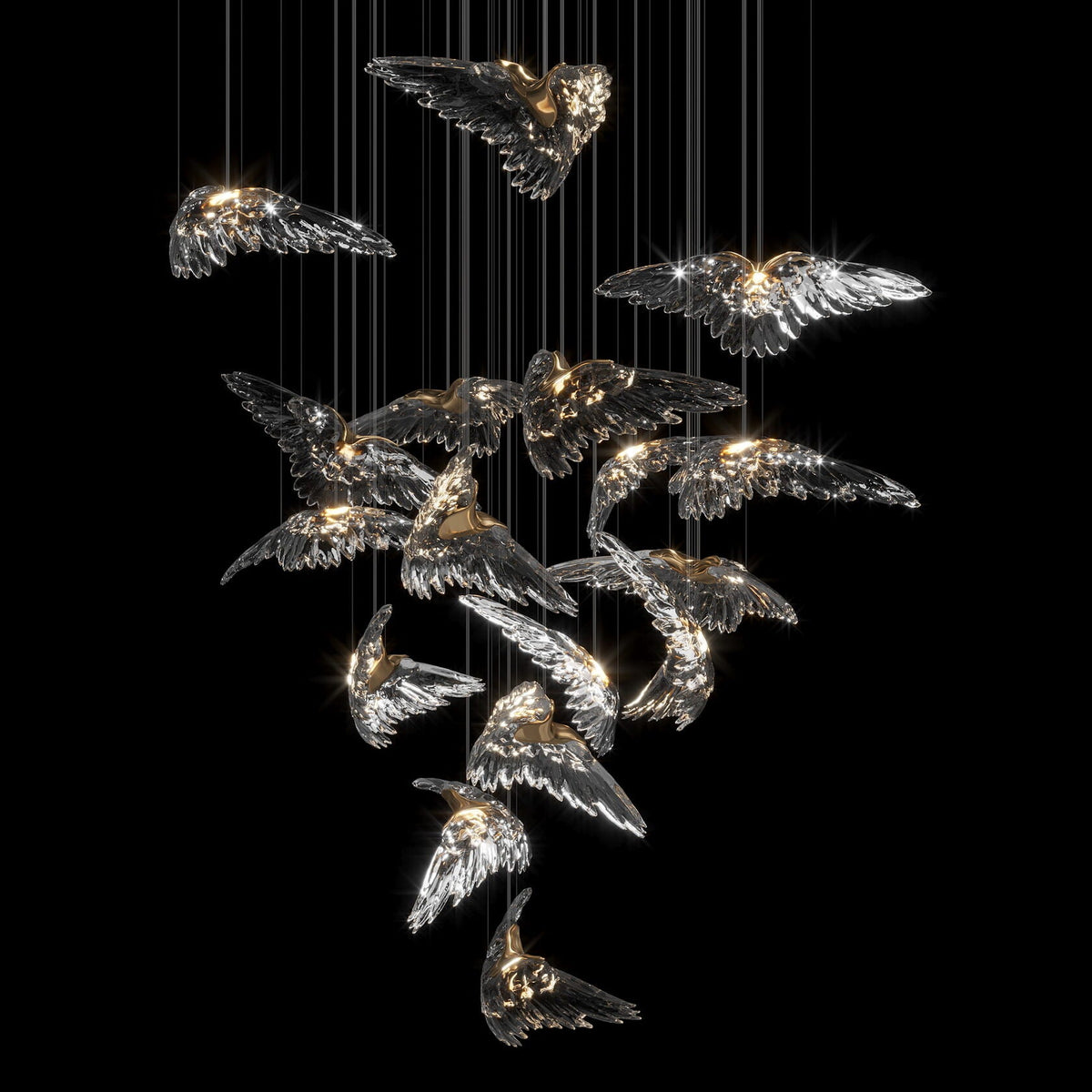 Crystal Heron Flight Chandelier chandelier in a tall interior