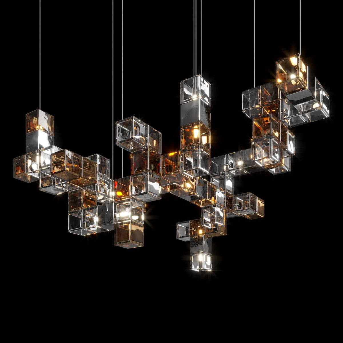 Smoke Cube Grid Chandelier chandelier in a tall interior
