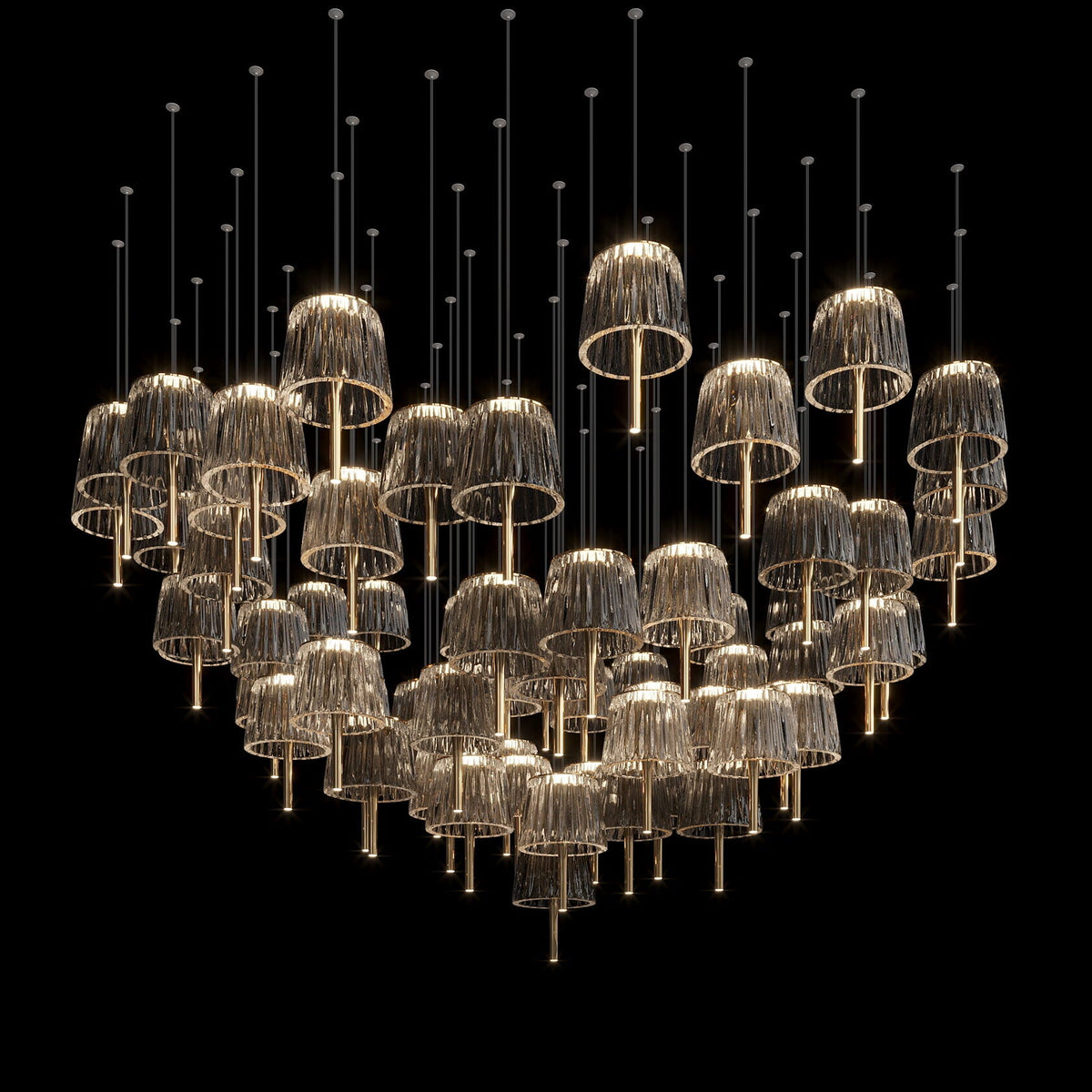 Smoke Fringe Shade Chandelier chandelier in a tall interior