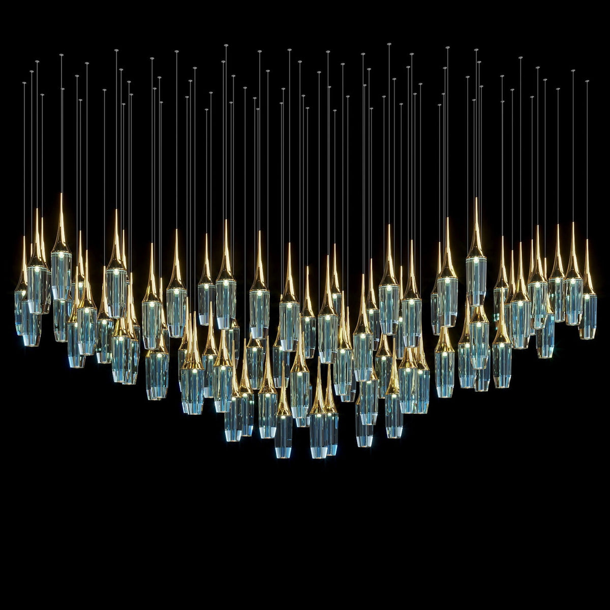 Aqua Crystal Spire Chandelier chandelier in a tall interior