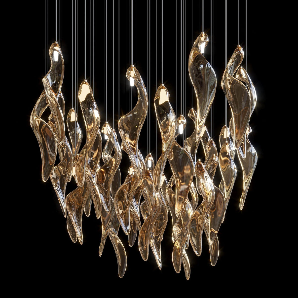 Amber Glass Flame Cascade Chandelier chandelier in a tall interior