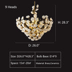 Brass and Ceramic Flower Art Chandelier Post Modern Light Luxury Style for Living and Dining Areas by Bling Lighting Studio