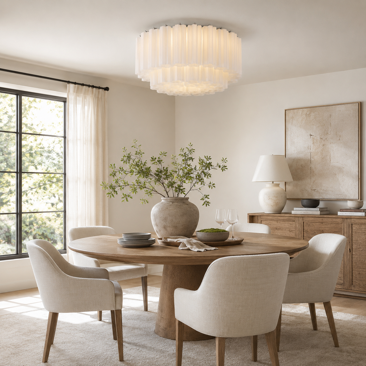A modern cylindrical chandelier with pleated white glass shades hangs over a round wooden dining table surrounded by six upholstered cream chairs in a bright, contemporary dining room.