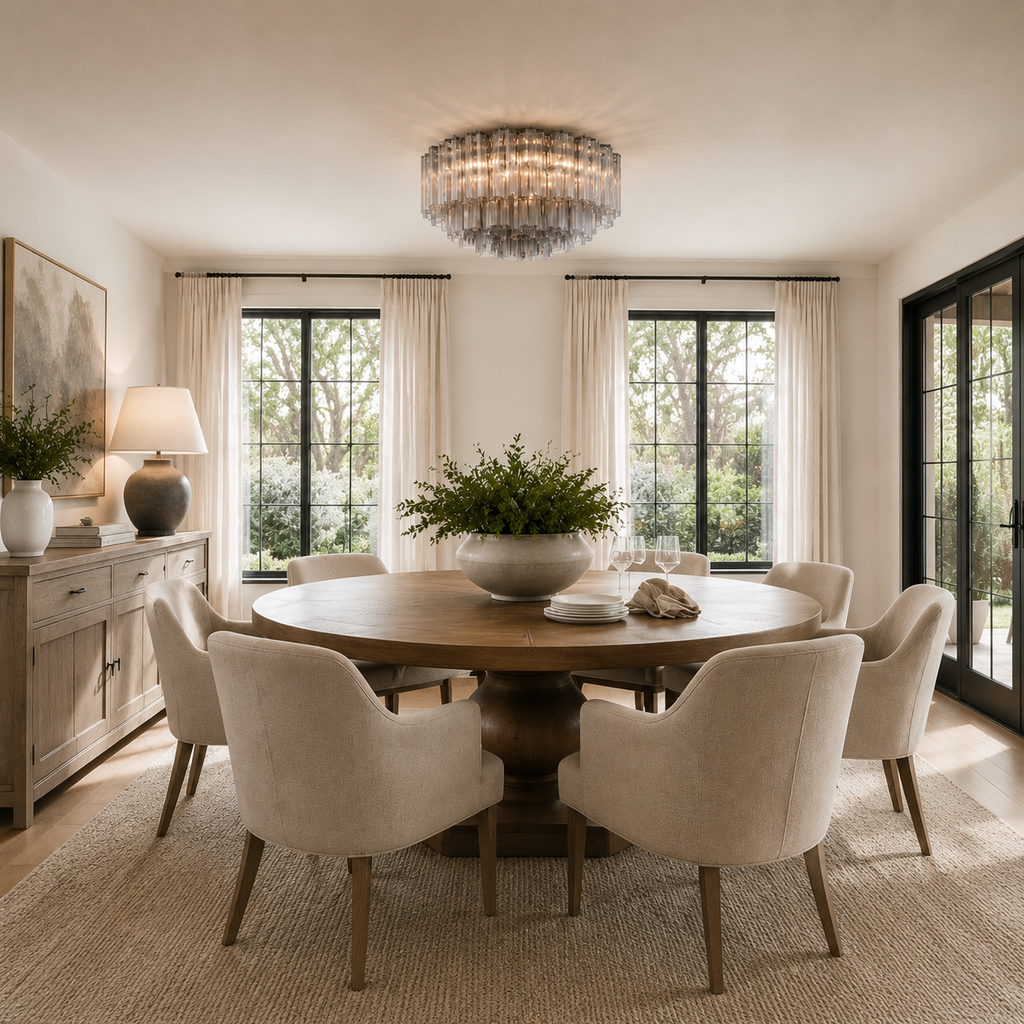A round wooden dining table surrounded by eight upholstered dining chairs in a bright, modern dining room with large windows, a crystal chandelier, and a sideboard.