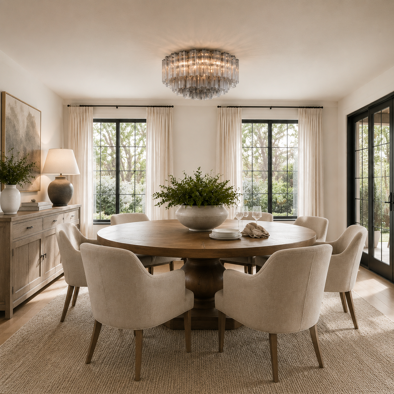 A round wooden dining table surrounded by eight upholstered dining chairs in a bright, modern dining room with large windows, a crystal chandelier, and a sideboard.