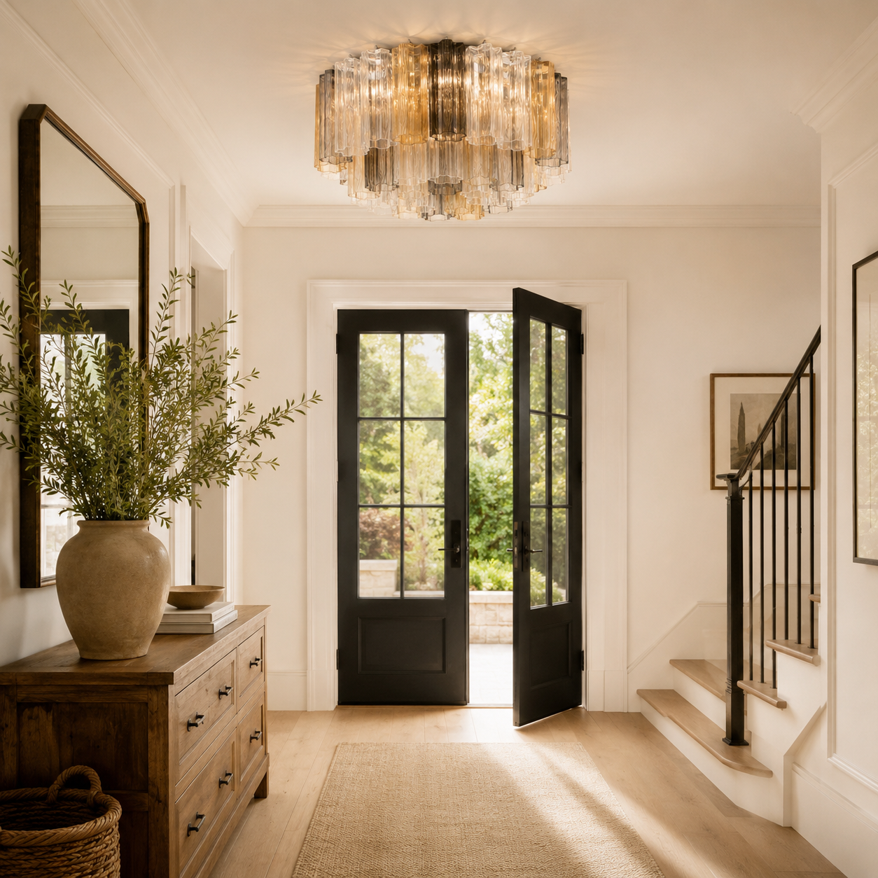 A modern multi-tiered crystal chandelier hangs in a bright, elegant entryway with white walls, black double doors, a wooden console table with a large vase of greenery, and a staircase on the right.