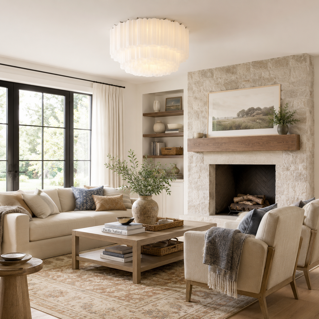A beautifully styled living room featuring a cream-colored sofa, two matching armchairs, a light wood coffee table, and a stone fireplace with a wooden mantel. A large window with black frames and sheer curtains is on the left, and a modern pleated white chandelier hangs from the ceiling.