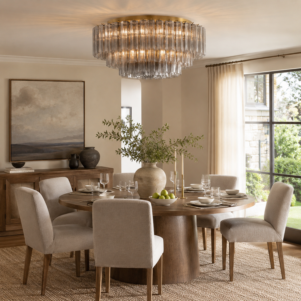 A modern round wooden dining table surrounded by six upholstered dining chairs in a warm neutral dining room, illuminated by a large tiered chandelier with clear glass tubes.