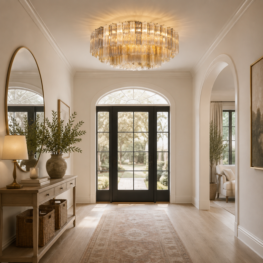 A luxury chandelier with a clear glass cylindrical column design and warm gold-toned lighting, hanging in a bright, elegant entryway with arched doorways, a console table, and a light-colored rug.