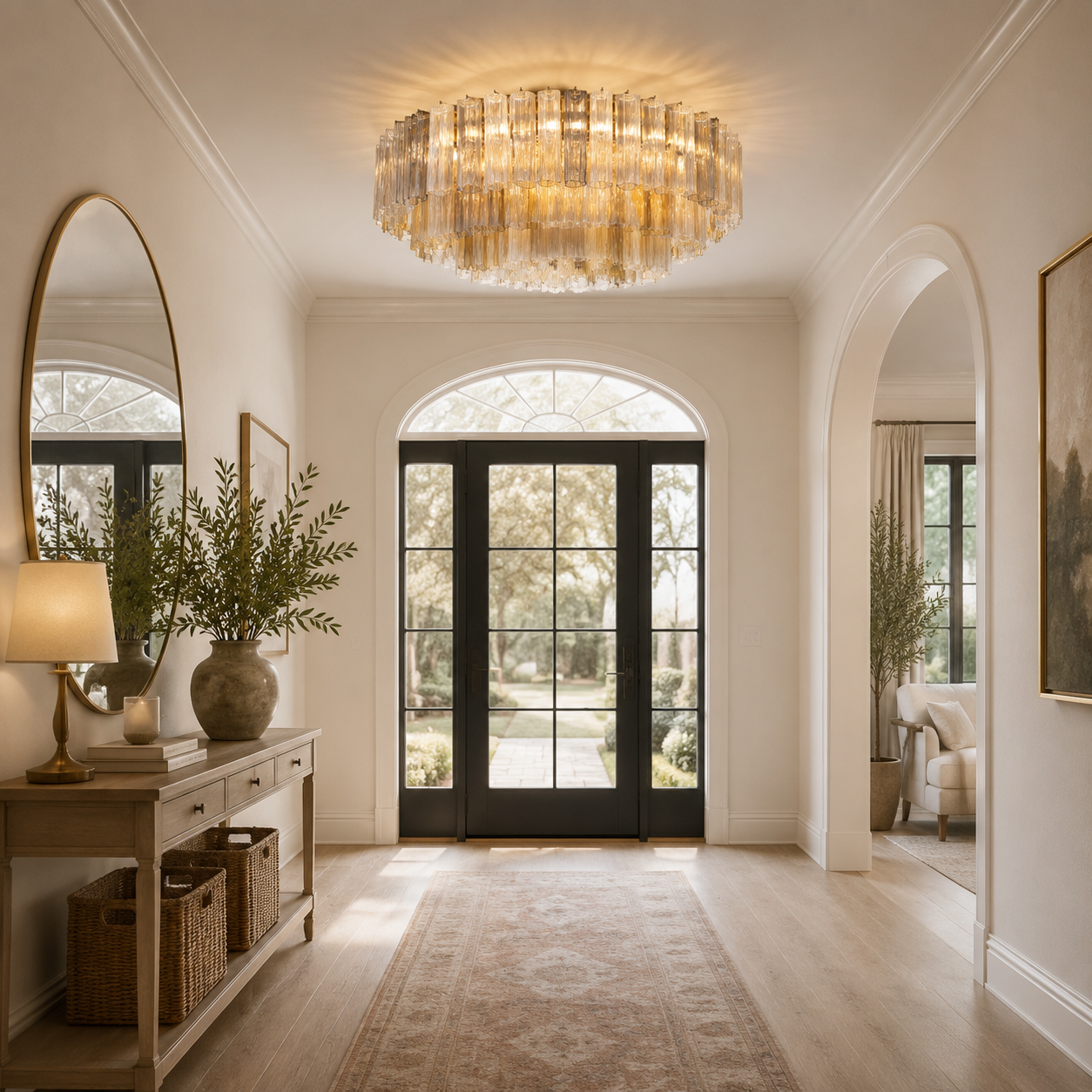 A luxury chandelier with a clear glass cylindrical column design and warm gold-toned lighting, hanging in a bright, elegant entryway with arched doorways, a console table, and a light-colored rug.