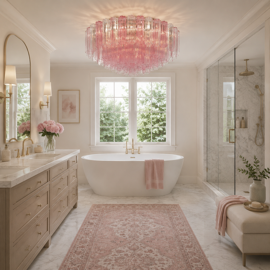 A luxurious spa-style bathroom featuring a large pink glass chandelier, a freestanding white bathtub with a pink towel, a matching pink patterned rug, and a light wood vanity with gold fixtures.