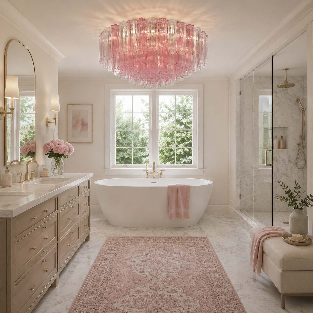 A luxurious spa-style bathroom featuring a large pink glass chandelier, a freestanding white bathtub with a pink towel, a matching pink patterned rug, and a light wood vanity with gold fixtures.