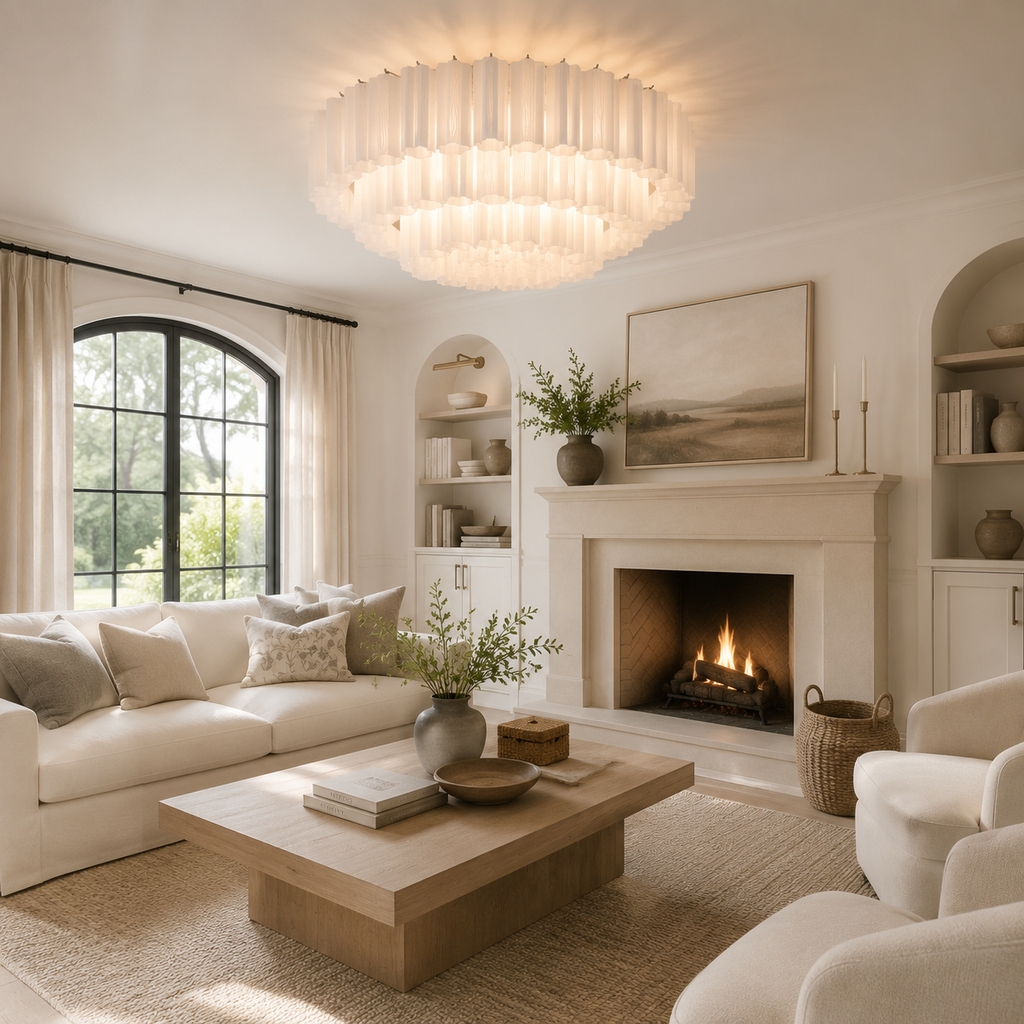 A bright, modern living room featuring a large, tiered pleated chandelier hanging from the ceiling. The room is styled with a cream-colored sofa, a wooden coffee table, a fireplace with a lit fire, and neutral-toned decor.