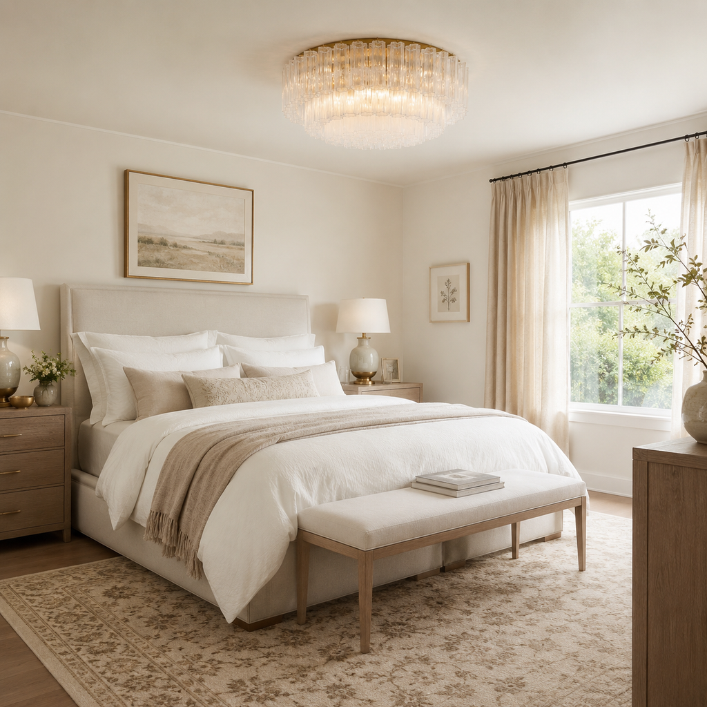 A beautifully styled bedroom featuring a bed dressed in white linens and a beige throw blanket, set against a neutral cream wall. A matching upholstered bench sits at the foot of the bed, and the room is decorated with a patterned area rug, wooden nightstands, lamps, and a glowing crystal chandelier.