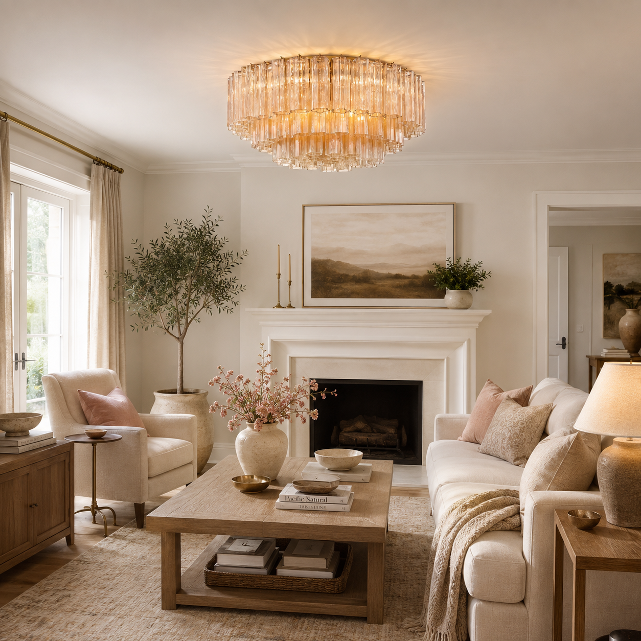 A beautifully styled living room featuring a large, round, illuminated crystal chandelier hanging above a white fireplace mantel. The room is decorated with a cream sofa, a wooden coffee table, a potted olive tree, and soft neutral tones throughout.