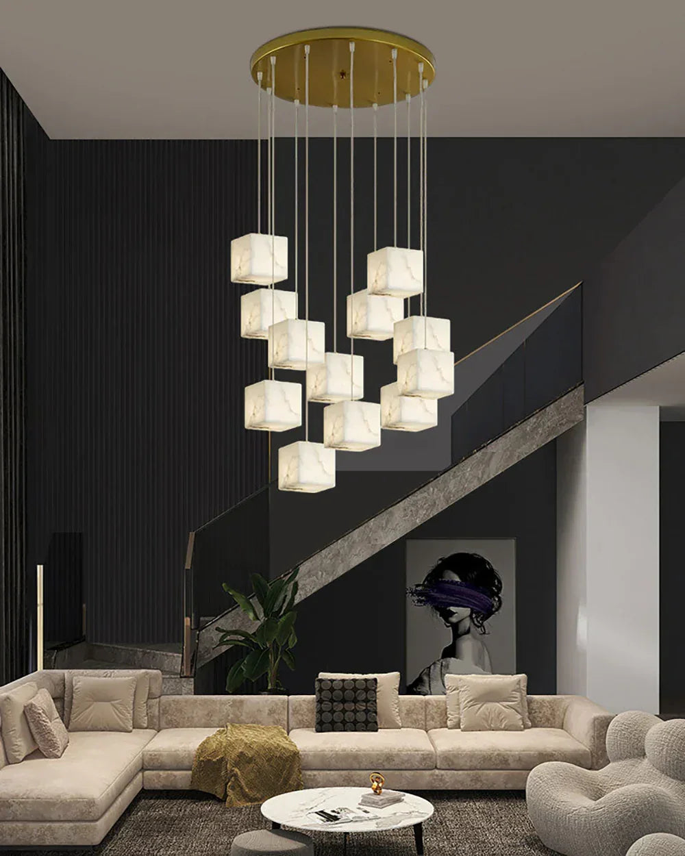 Alabaster Cube Box Chandelier for Staircase & Foyer