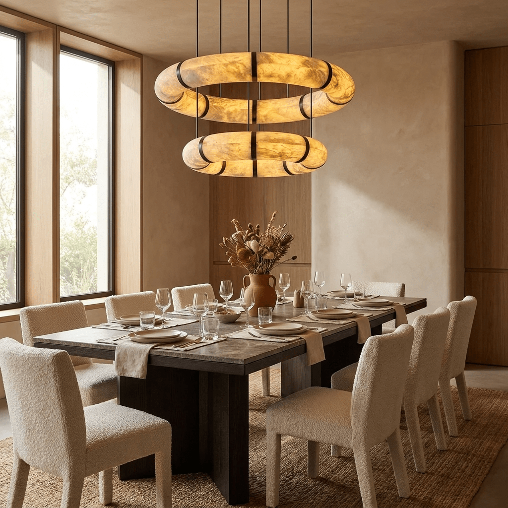Alabaster Torus Ring Chandelier chandelier in a tall interior