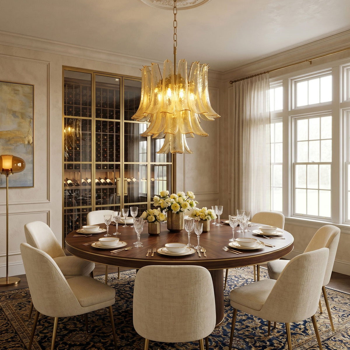 Amber Cascade Glass Chandelier chandelier in a tall interior