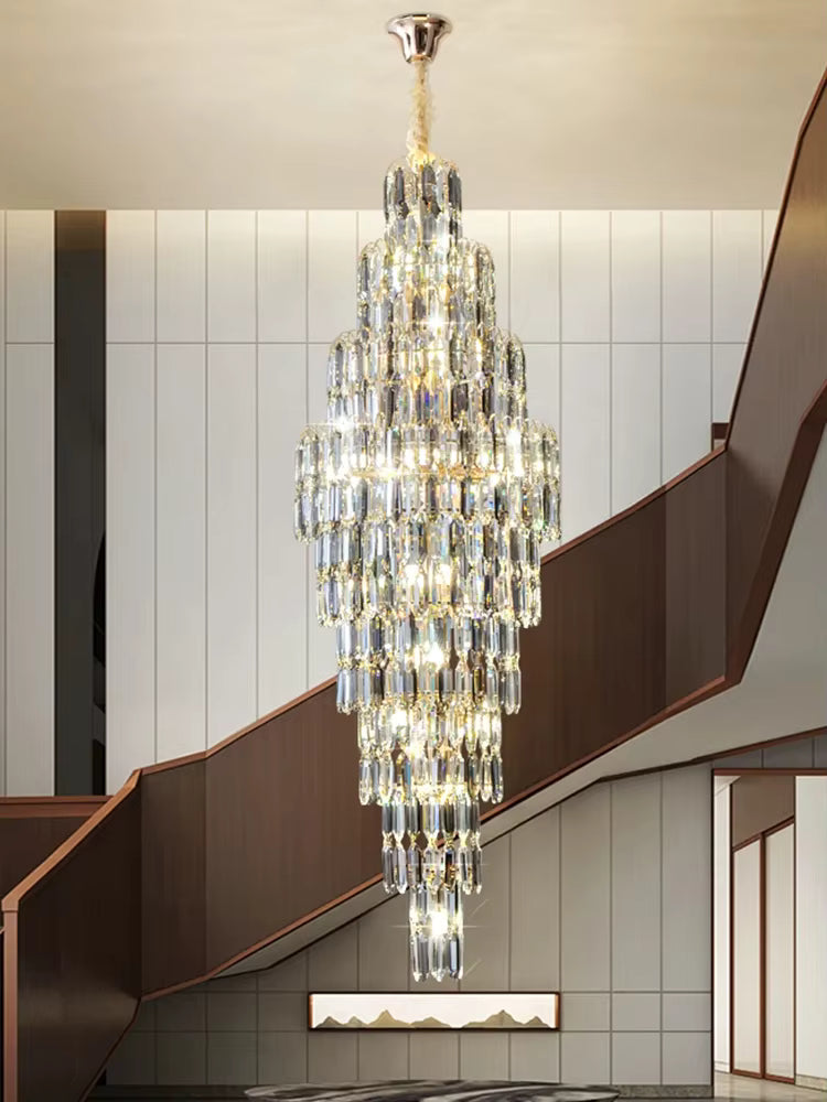 Anita Luxury Crystal Staircase Long Chandelier for high ceiling staircase and foyer lighting