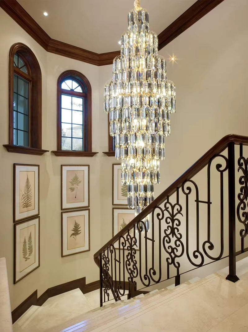 Anita Luxury Crystal Staircase Long Chandelier for high ceiling staircase and foyer lighting