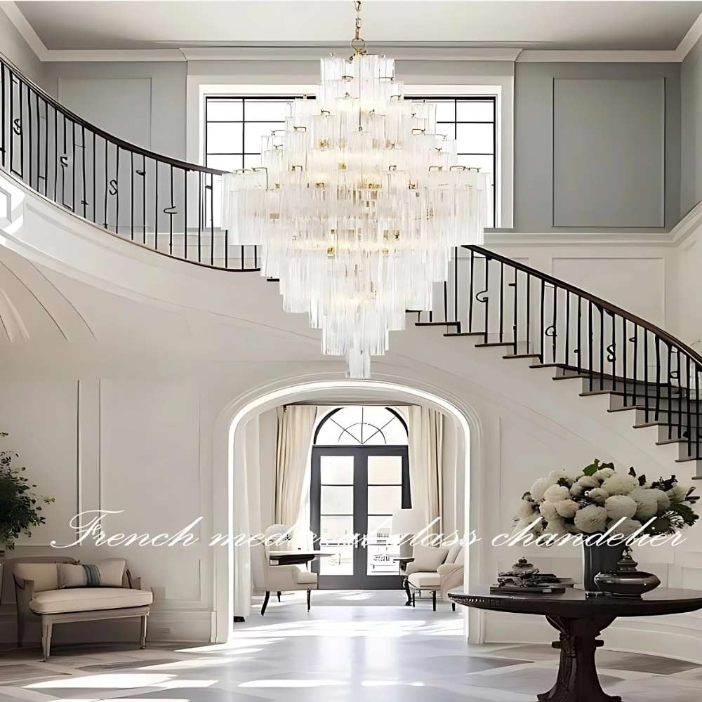 Arcdeco Large Glass Chandelier for high ceiling staircase and foyer lighting