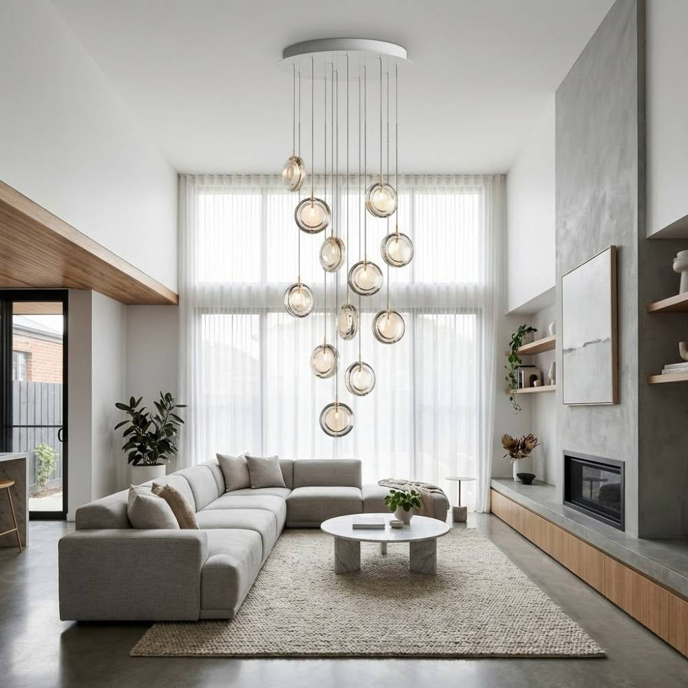 Arcli Contemporary Glass Cluster Chandelier for high ceiling staircase and foyer lighting