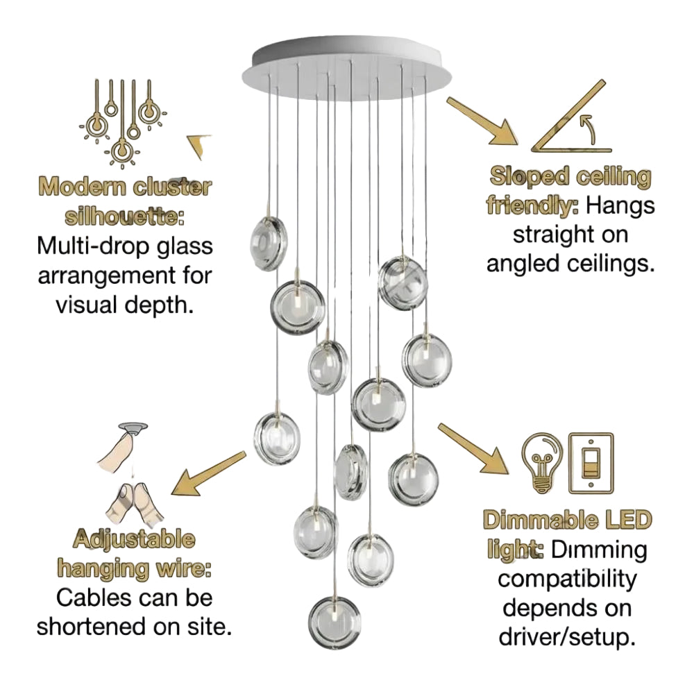 Arcli Contemporary Glass Cluster Chandelier for high ceiling staircase and foyer lighting