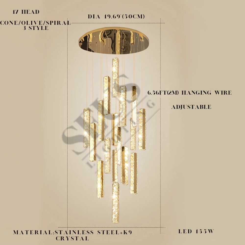 Aten Crystal Staircase Chandelier for high ceiling staircase and foyer lighting