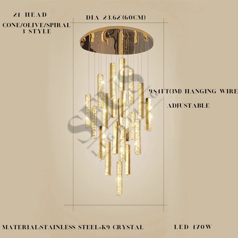 Aten Crystal Staircase Chandelier for high ceiling staircase and foyer lighting