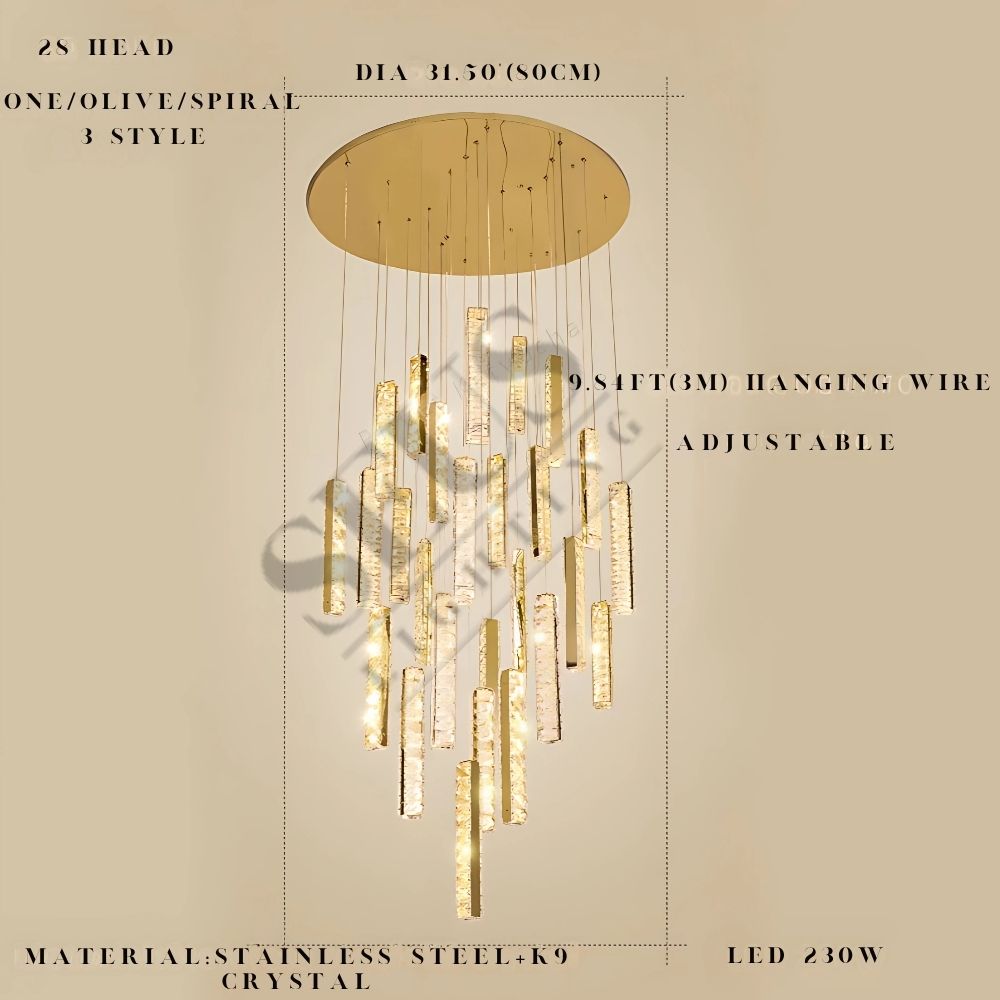 Aten Crystal Staircase Chandelier for high ceiling staircase and foyer lighting