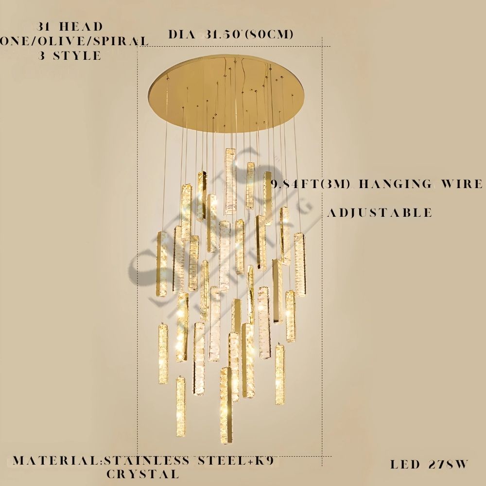 Aten Crystal Staircase Chandelier for high ceiling staircase and foyer lighting