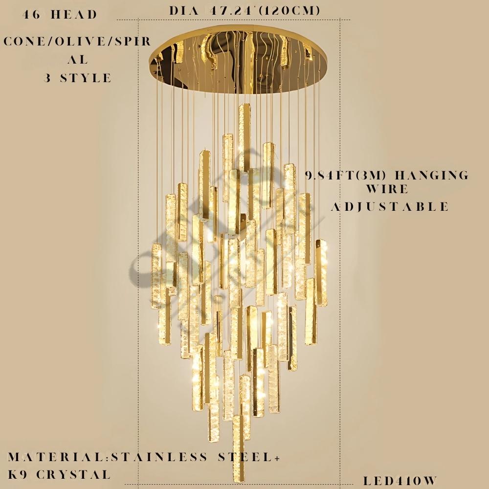 Aten Crystal Staircase Chandelier for high ceiling staircase and foyer lighting