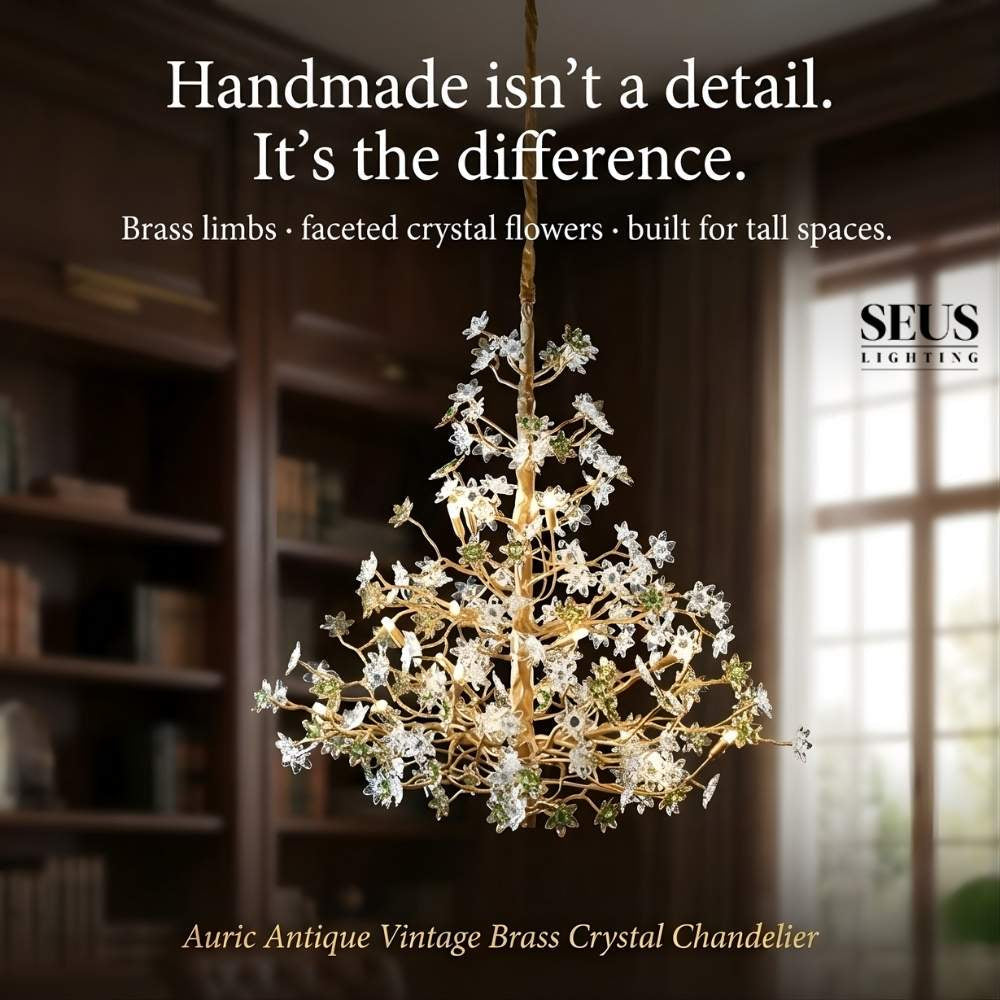 Auric Antique Vintage Brass Crystal Chandelier for high ceiling staircase and foyer lighting