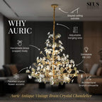 Auric Antique Vintage Brass Crystal Chandelier for high ceiling staircase and foyer lighting