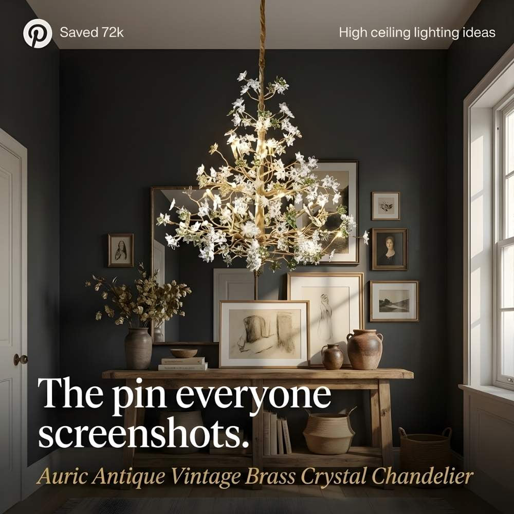 Auric Antique Vintage Brass Crystal Chandelier for high ceiling staircase and foyer lighting