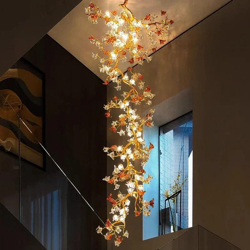 Verdant Branch Copper Vine Glass Flower Stairwell Chandelier by Bling Lighting Studio