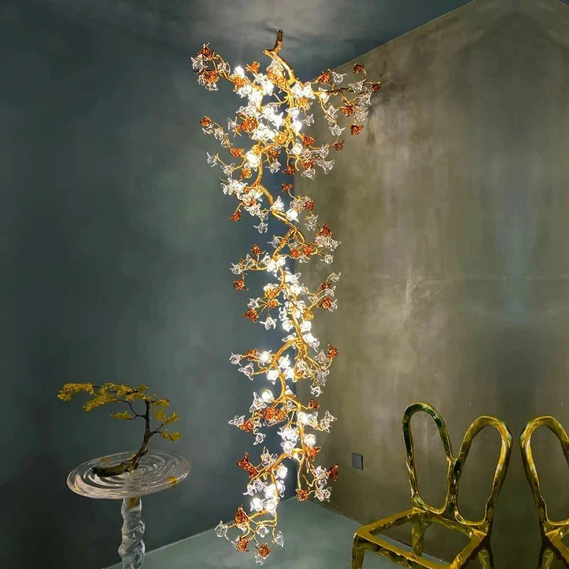 Verdant Branch Copper Vine Glass Flower Stairwell Chandelier by Bling Lighting Studio