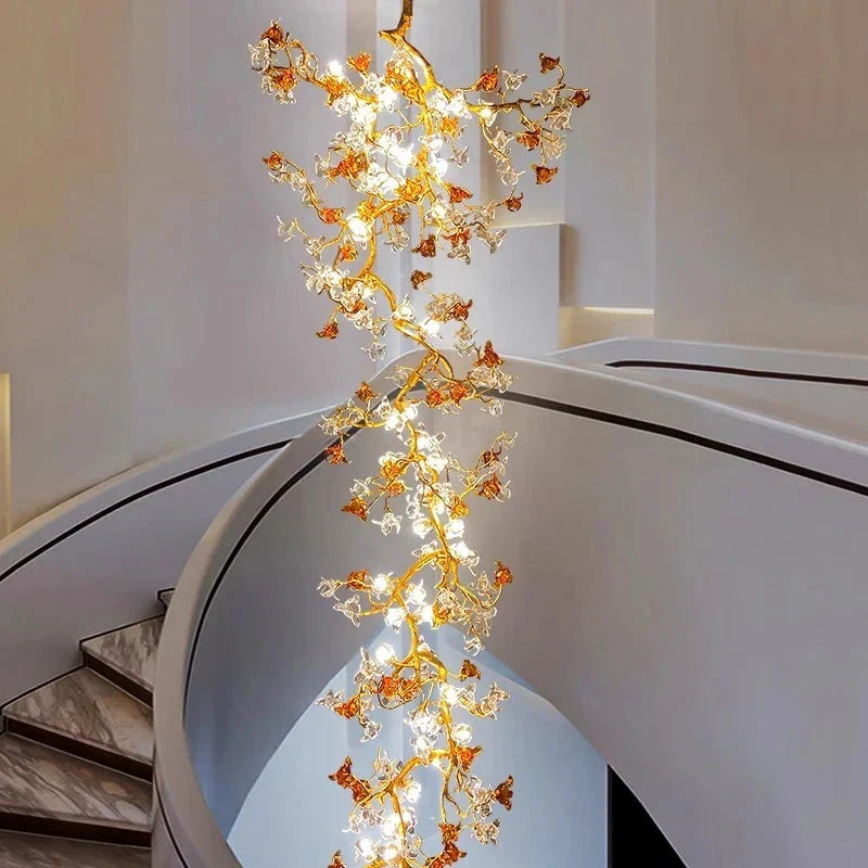 Verdant Branch Copper Vine Glass Flower Stairwell Chandelier by Bling Lighting Studio