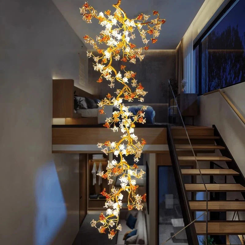 Verdant Branch Copper Vine Glass Flower Stairwell Chandelier by Bling Lighting Studio