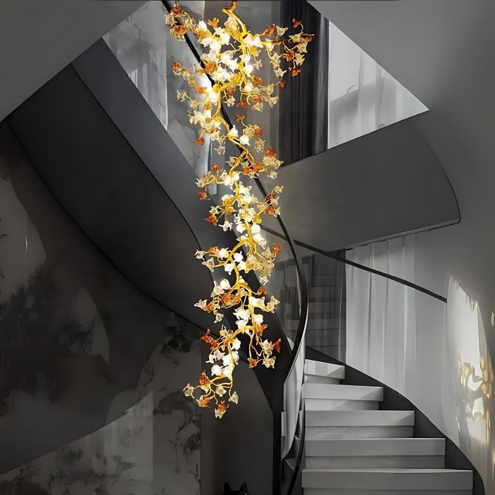 Verdant Branch Copper Vine Glass Flower Stairwell Chandelier by Bling Lighting Studio