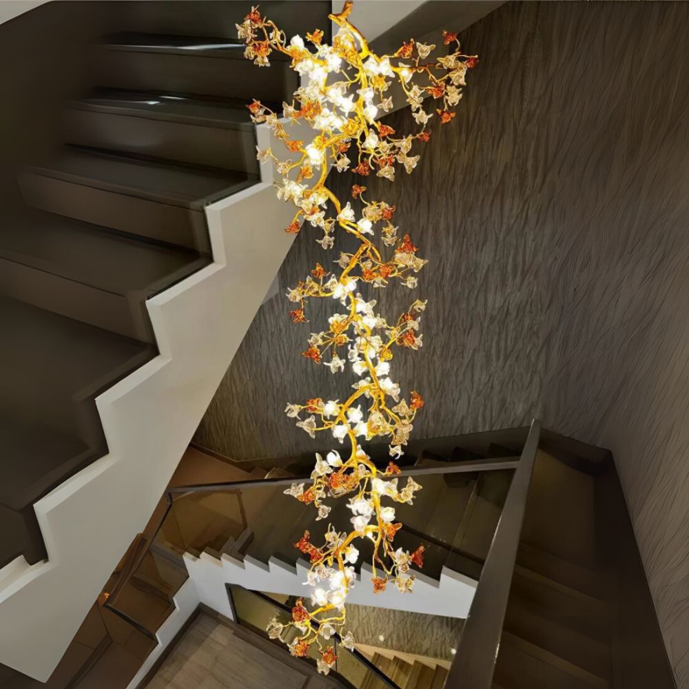 Verdant Branch Copper Vine Glass Flower Stairwell Chandelier by Bling Lighting Studio