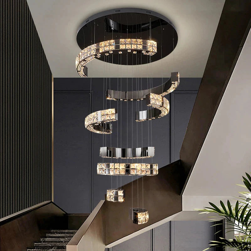 Aysha Black Crystal High Ceiling Entryway Light Fixture for high ceiling staircase and foyer lighting