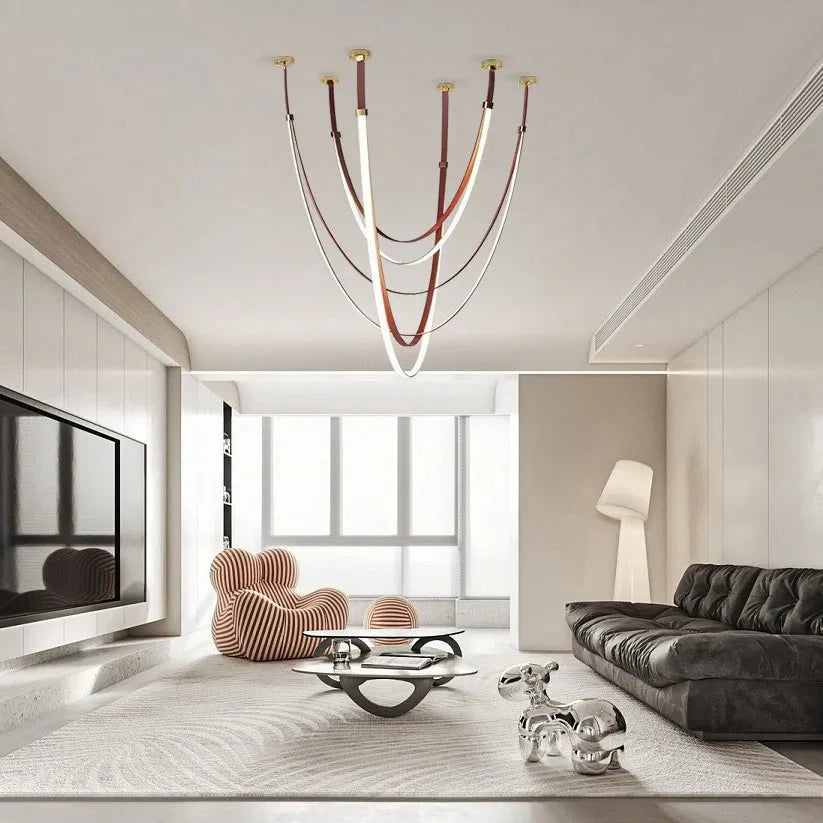 Beza Leather Belt Pendant Light for high ceiling staircase and foyer lighting