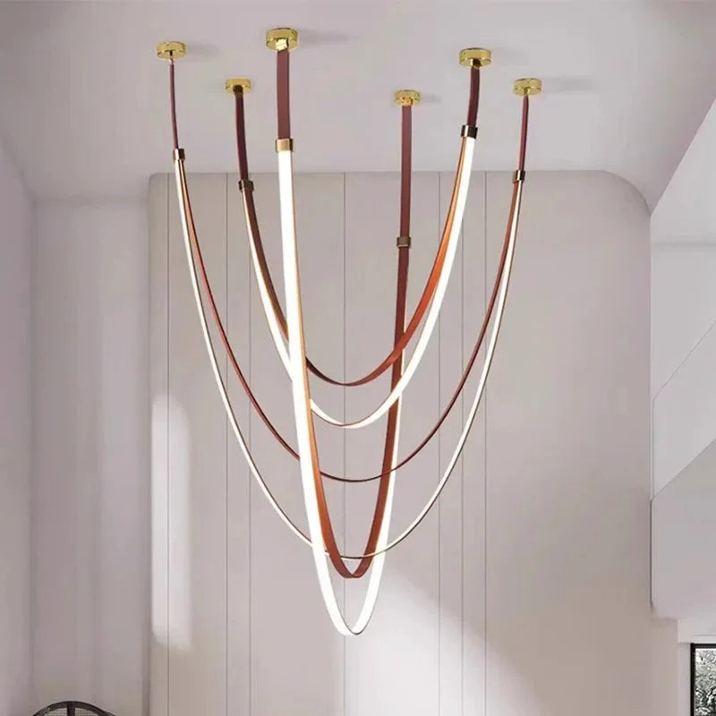 Beza Leather Belt Pendant Light for high ceiling staircase and foyer lighting