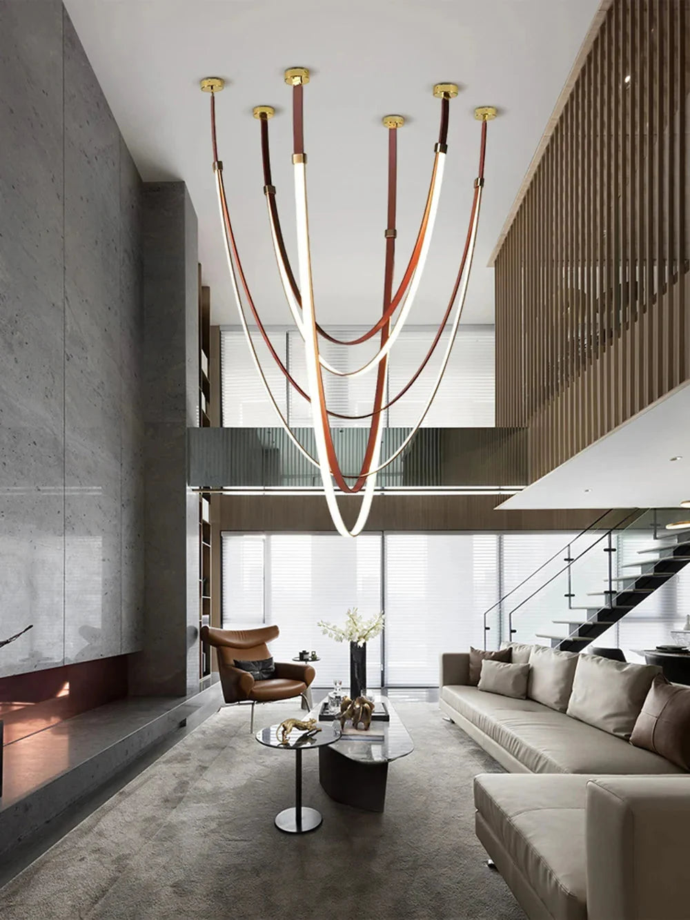 Beza Leather Belt Pendant Light for high ceiling staircase and foyer lighting