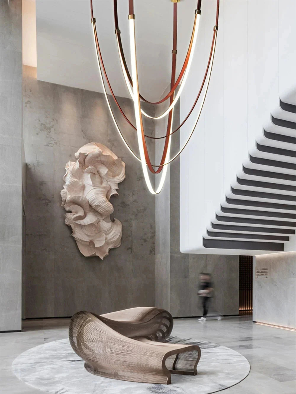Beza Leather Belt Pendant Light for high ceiling staircase and foyer lighting
