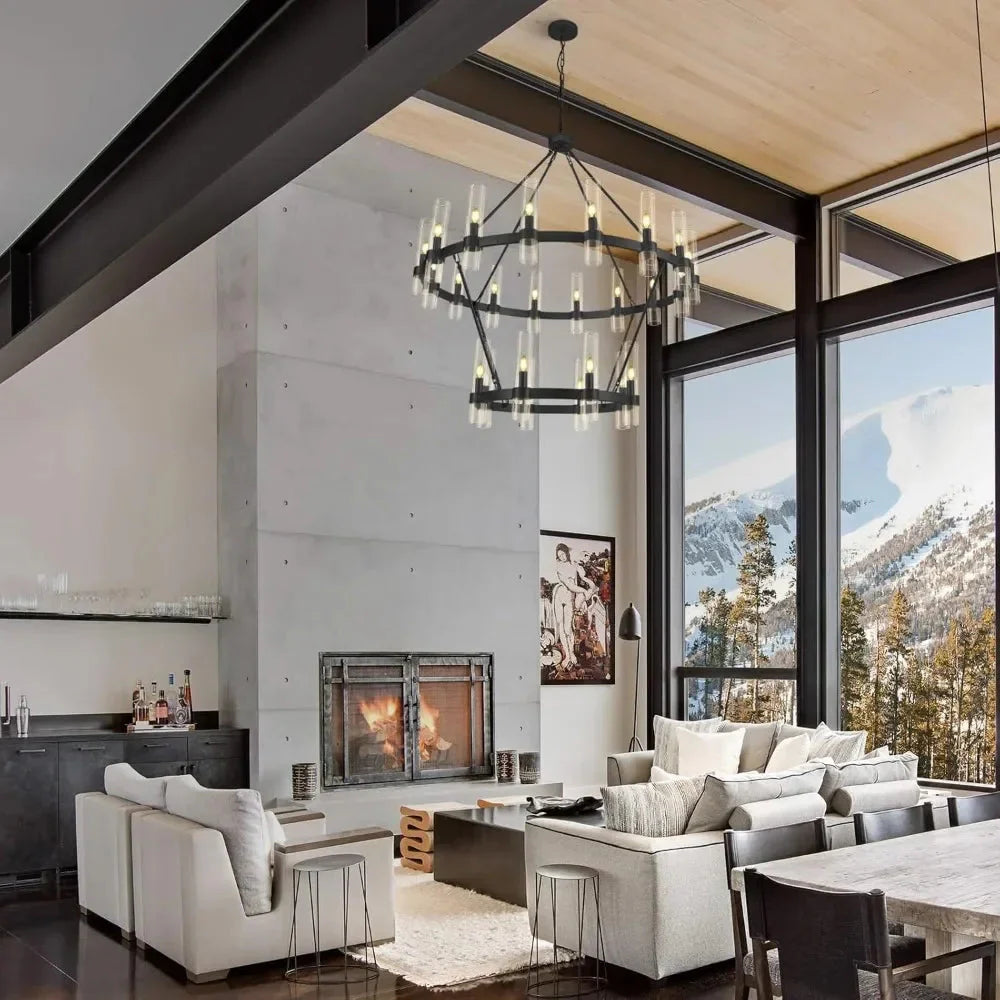 Binna Double Wagon Wheel Chandelier for high ceiling staircase and foyer lighting