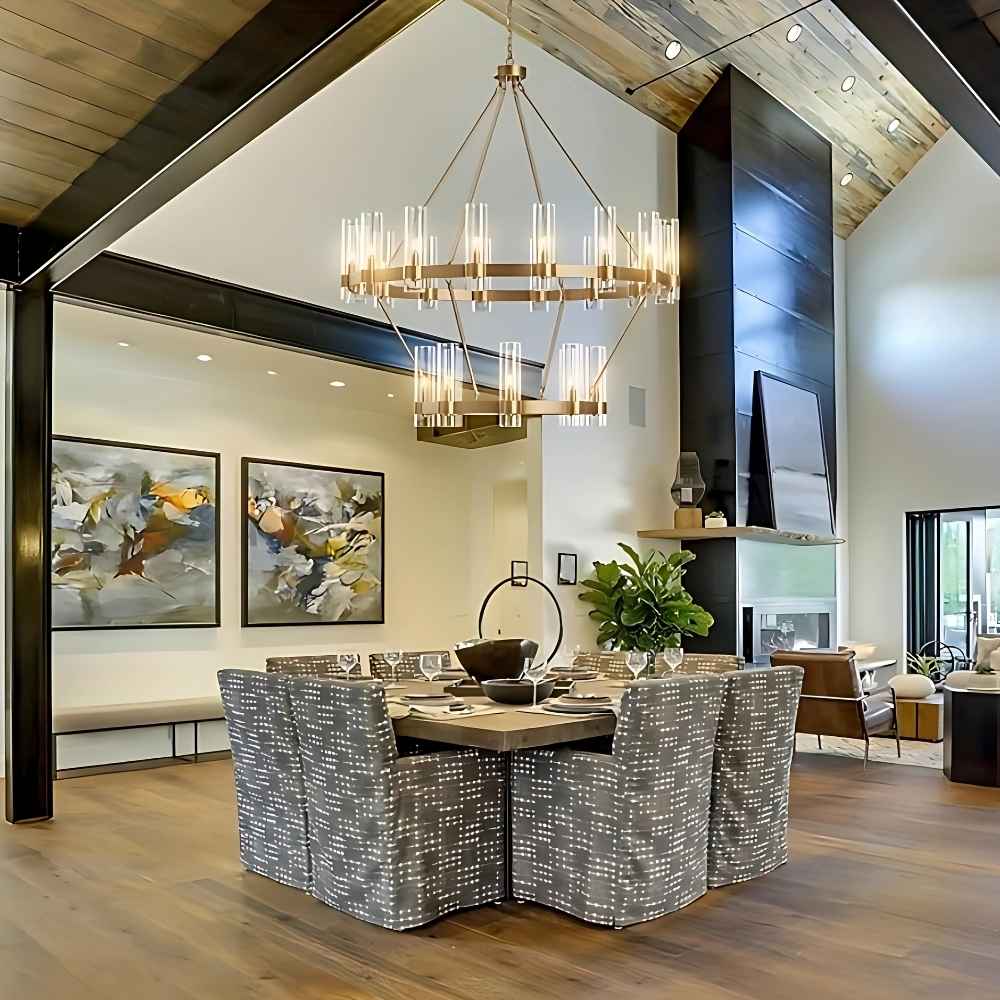 Binna Double Wagon Wheel Chandelier for high ceiling staircase and foyer lighting